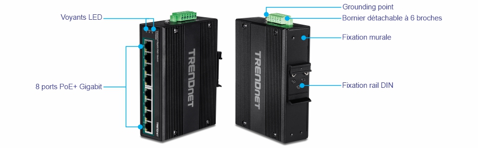 Plusieurs vues d’un commutateur industriel sur rail DIN Gigabit PoE+ à 8 ports. La vue de gauche comporte huit ports Gigabit PoE+ alignés verticalement avec des indicateurs LED. La vue de droite met en évidence plusieurs composants, notamment un point de mise à la terre en haut, un bornier amovible à 6 broches adjacent au point de mise à la terre, un support mural sur le côté et un support sur rail DIN sous le support mural. Conçu pour la connectivité réseau et la flexibilité de montage.