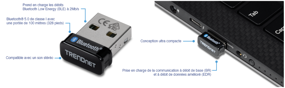 Un adaptateur USB Bluetooth TRENDnet branché sur un ordinateur portable. L’adaptateur prend en charge Bluetooth Low Energy (BLE) avec des vitesses allant jusqu’à 2 Mbps, la radio Bluetooth 5.0 de classe I avec une portée de 100 mètres (328 pieds), la prise en charge de l’audio stéréo et un design ultra-compact. Il prend également en charge la communication à débit de base (BR) et à débit de données amélioré (EDR).