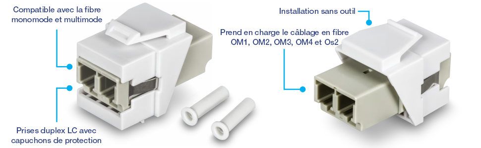 Un paquet de 5 prises de coupleur trapézoïdal à fibre optique duplex TRENDnet TC-K05LC LC. Chaque prise est dotée d’un connecteur LC duplex avec des capuchons de protection et prend en charge la fibre monomode et multimode. Les prises de coupleur sont conçues pour une installation facile et sans outil et sont compatibles avec le câblage en fibre optique OM1, OM2, OM3, OM4 et OS2.