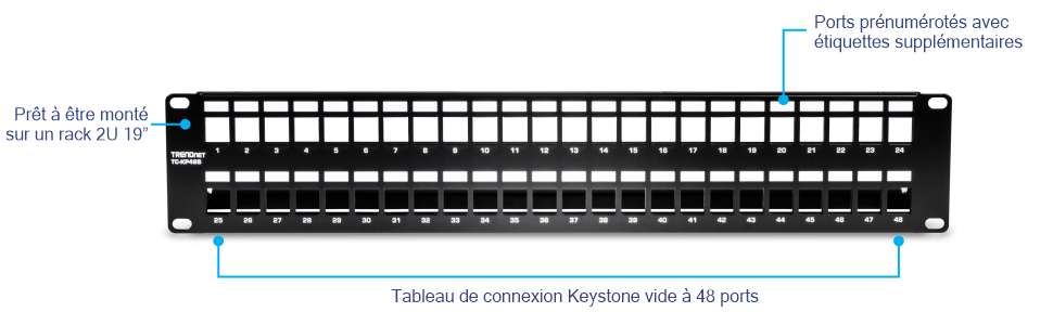 TRENDnet TC-KP48S Panneau de brassage HD blindé Keystone 48 ports. Ce panneau de brassage est conçu pour un montage en rack de 19 pouces et mesure 2U de hauteur. Il dispose de 48 ports trapézoïdaux vierges qui permettent la personnalisation avec différents types de prises trapézoïdales. Le panneau comprend des ports pré-numérotés et des étiquettes supplémentaires pour faciliter l’identification et l’organisation. La conception blindée permet de protéger contre le bruit EMI/RFI, ce qui la rend adaptée à la gestion et à l’organisation des câbles réseau dans les centres de données ou les armoires réseau.