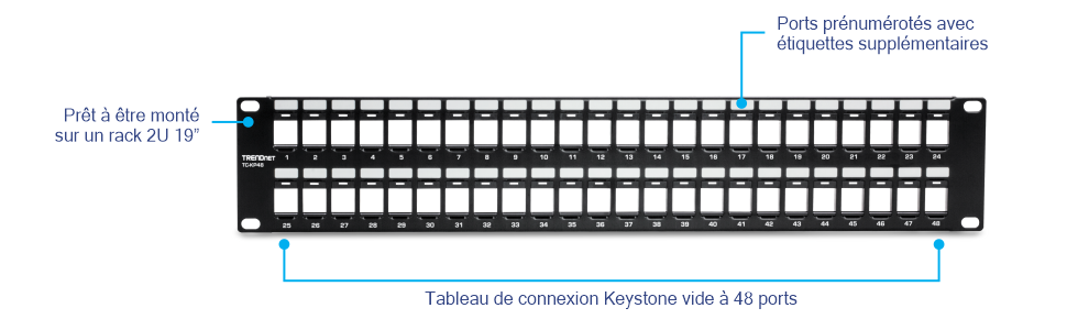 TRENDnet TC-KP48 Panneau de brassage HD vierge Keystone 2U à 48 ports. Le panneau est conçu pour le câblage réseau et a une hauteur de 2U, ce qui le rend adapté à un montage en rack de 19 pouces. Il dispose de 48 ports trapézoïdaux vierges qui peuvent accueillir différents types de prises trapézoïdales. Les ports sont pré-numérotés et sont livrés avec des étiquettes supplémentaires pour faciliter l’identification et l’organisation. Ce panneau de brassage est idéal pour les administrateurs réseau et les professionnels de l’informatique qui ont besoin de gérer et d’organiser efficacement les câbles réseau.