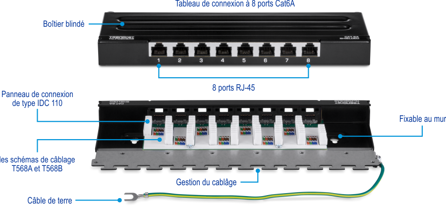 Le panneau de brassage mural blindé TRENDnet TC-P08C6AS Cat6A à 8 ports offre une conception de boîtier blindé, 8 ports RJ-45, 110 borniers IDC et prend en charge les schémas de câblage T568A et T568B. Il comprend des fonctions de gestion des câbles et un fil de mise à la terre, et est conçu pour être fixé au mur, ce qui le rend idéal pour organiser et sécuriser les connexions réseau dans des environnements où l’espace est limité.