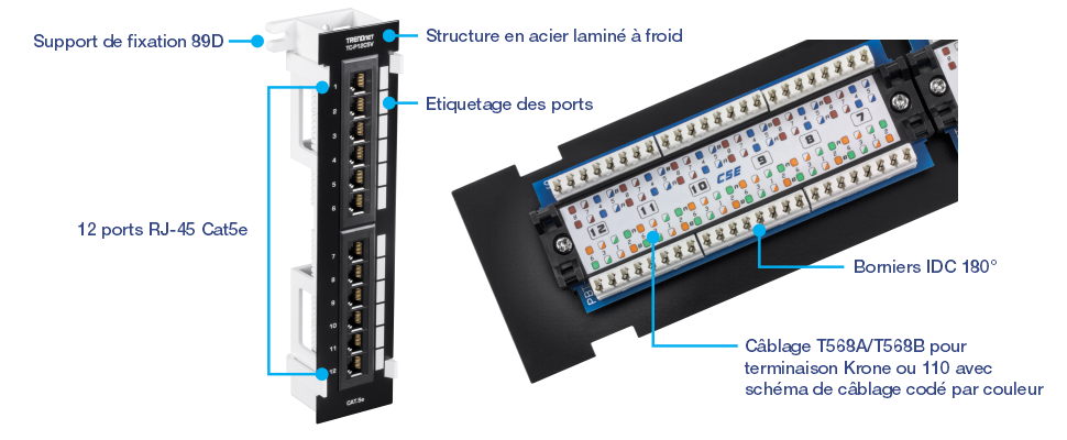 Le TC-P12C5V est un panneau de brassage mural non blindé Cat5e à 12 ports qui est livré avec un support de montage mural 89D inclus. Les principales caractéristiques de ce panneau de brassage incluent sa construction en acier SPCC pour plus de durabilité, des étiquettes de port pour une identification facile et 12 ports RJ-45 conçus pour les câbles Cat5e. Il prend en charge les bornes IDC à 180° pour des connexions sécurisées et s’adapte aux normes de câblage T568A et T568B, avec un schéma de câblage à code couleur pour une installation facile.