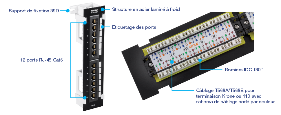Le panneau de brassage mural non blindé Cat6 à 12 ports TC-P12C6V comprend un support de montage mural 89D pour une installation facile. Fabriqué en acier SPCC pour plus de durabilité, il comporte des étiquettes de port pour une identification facile. Il prend en charge les bornes IDC à 180° et les normes de câblage T568A et T568B, avec un schéma de câblage à code couleur pour une configuration simple. Le panneau dispose de 12 ports RJ-45 conçus pour les câbles Cat6.