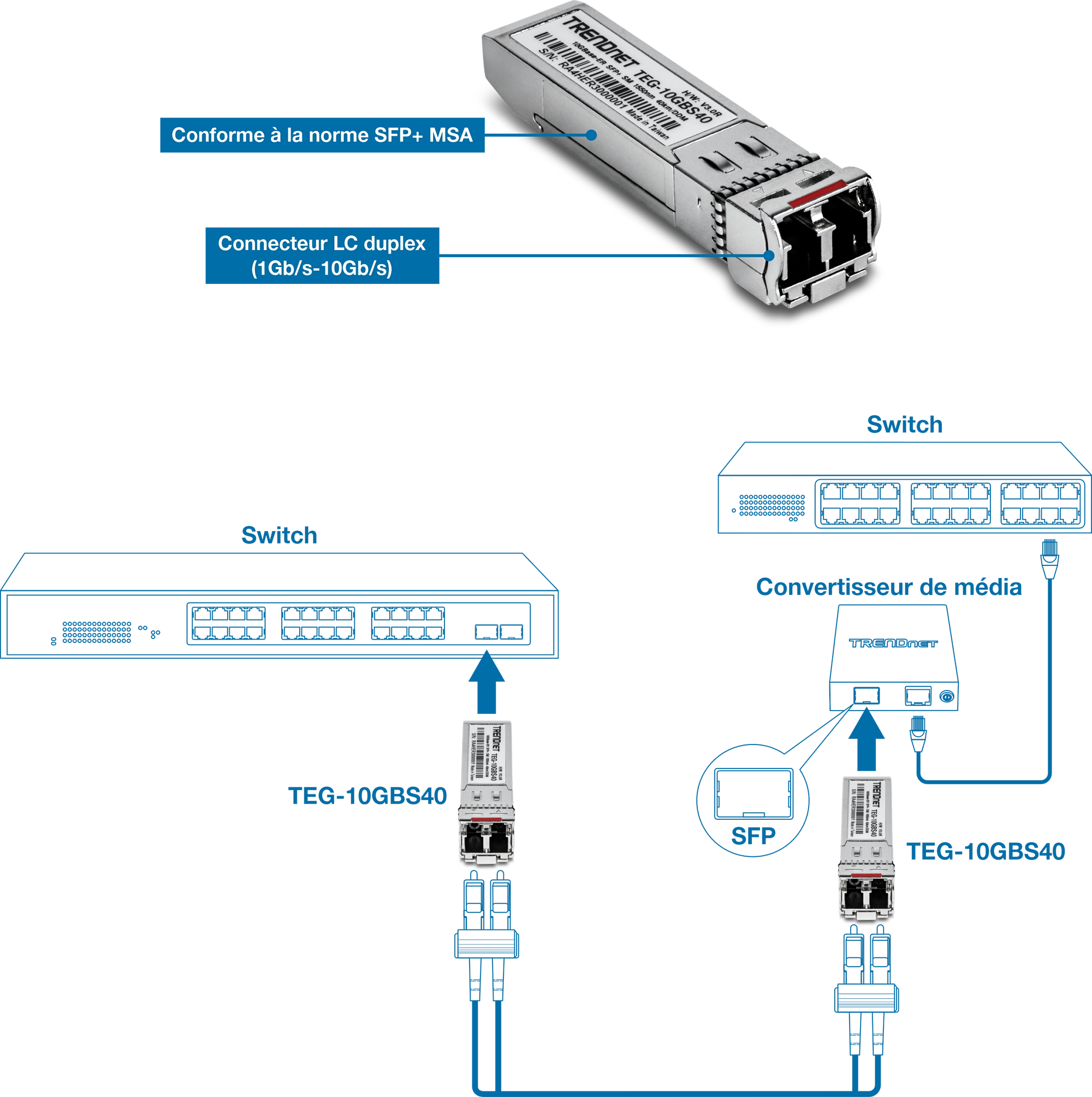 Un module émetteur-récepteur TRENDnet TEG-10GBS40 SFP+ est illustré avec des étiquettes indiquant qu’il est conforme à SFP+ MSA et dispose d’un connecteur duplex LC prenant en charge 1 Gbit/s et 10 Gbit/s. Ci-dessous, un schéma illustre la connexion du module à un commutateur et à un convertisseur de média, à l’aide de flèches et de lignes pour représenter le flux de données entre les appareils.