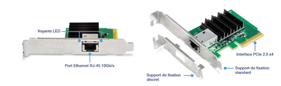 Carte d’interface réseau (NIC) avec différents composants étiquetés. Le côté gauche de la carte réseau met en évidence les indicateurs LED et l’emplacement Ethernet RJ-45 10 Gbit/s. Le côté droit présente des composants supplémentaires, notamment une interface PCIe 3.0 x4, un support standard et un support extra-plat.