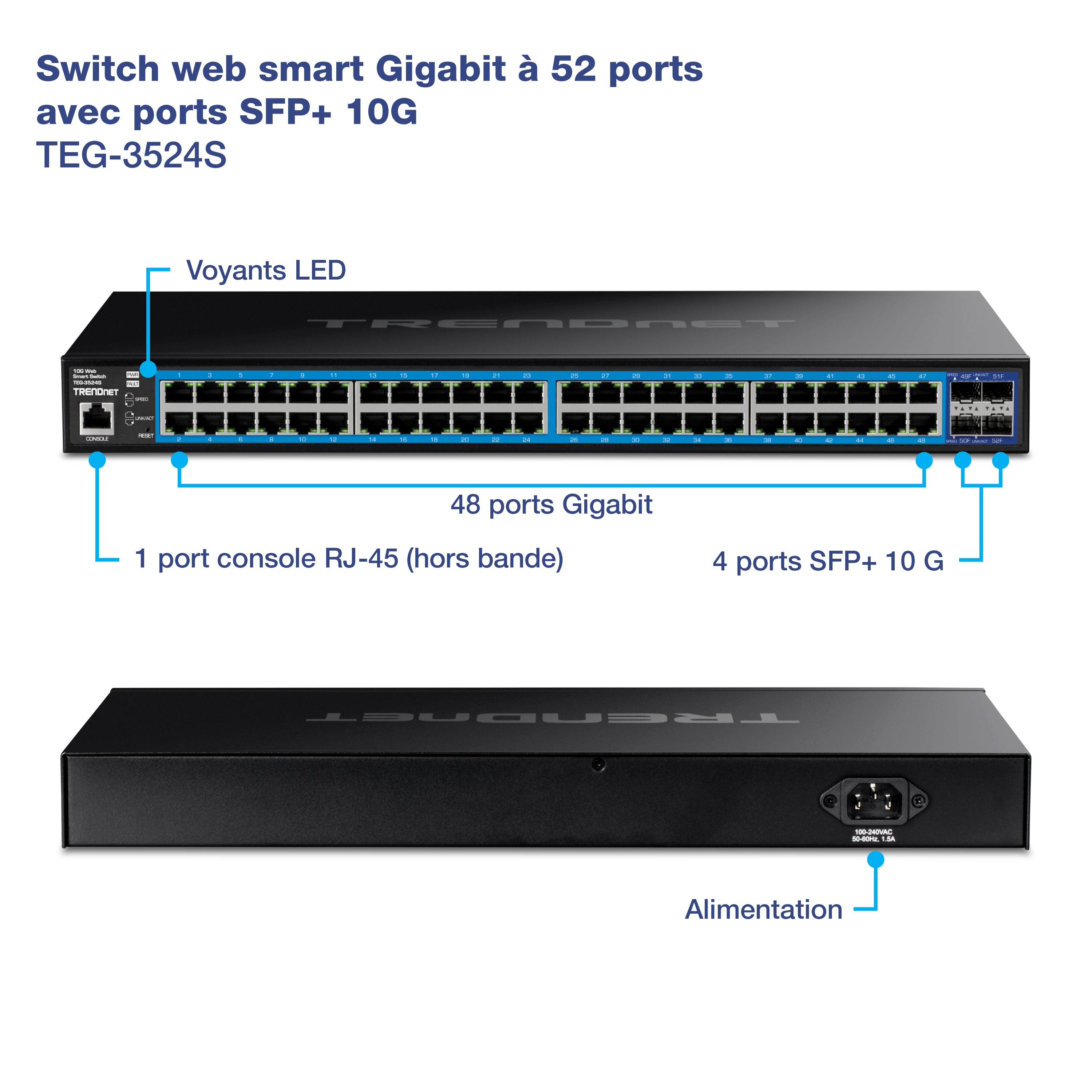 TRENDnet TEG-3524S est un commutateur intelligent Web Gigabit à 24 ports avec 4 ports SFP+ 10G et 1 port console RJ-45 (hors bande). Le commutateur dispose d’indicateurs LED sur le panneau avant, de 24 ports Gigabit et d’une entrée d’alimentation sur le panneau arrière.