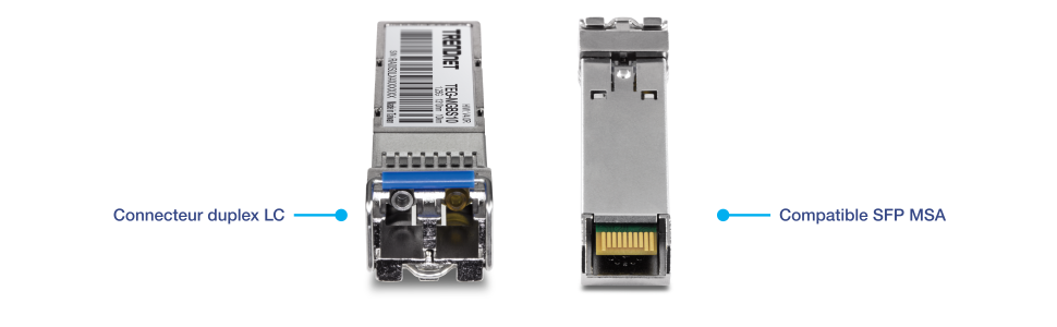 Deux vues d’un module émetteur-récepteur SFP (Small Form-factor Pluggable) de marque TRENDnet. Le côté gauche montre la vue de face avec un connecteur LC duplex, tandis que le côté droit montre la vue arrière indiquant la conformité SFP MSA (Multi-Source Agreement).