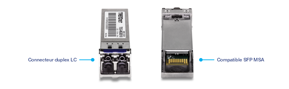 Deux vues d’un module émetteur-récepteur SFP (Small Form-factor Pluggable) de marque TRENDnet. Le côté gauche montre la vue de face avec un connecteur LC duplex, tandis que le côté droit montre la vue arrière indiquant la conformité SFP MSA (Multi-Source Agreement).