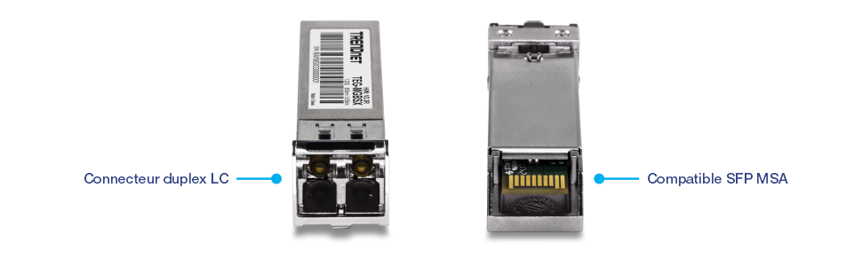 Deux vues d’un module émetteur-récepteur TRENDnet TEG-MGBSX SFP. La vue de gauche met en évidence le connecteur LC duplex pour les connexions à fibre optique. La vue de droite montre la conformité avec les normes SFP Multi-Source Agreement, garantissant la compatibilité avec divers périphériques réseau.