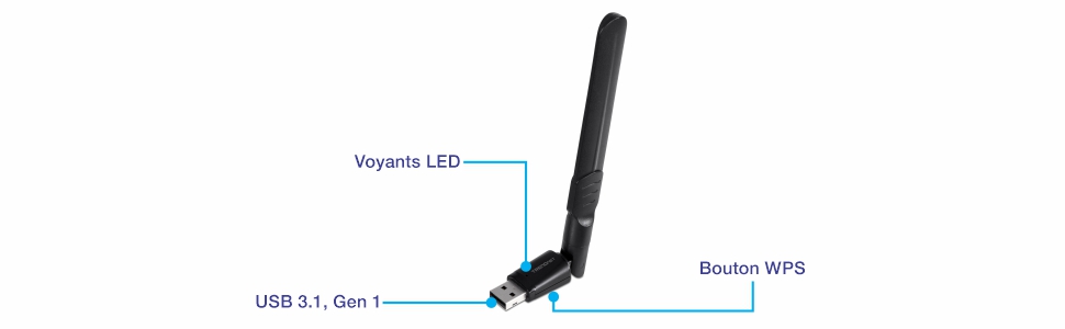 Un adaptateur USB Wi-Fi avec une antenne externe, doté d’un indicateur LED sur le corps, d’un connecteur USB 3.1 Gen1 à l’extrémité et d’un bouton WPS sur le côté, conçu pour améliorer la réception du signal sans fil.
