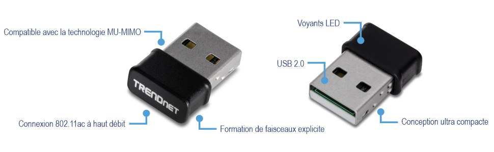 Un périphérique USB TRENDnet qui prend en charge la technologie MU-MIMO, offre une connectivité 802.11ac haut débit, dispose d’une formation de faisceau explicite et dispose d’une interface USB 2.0, d’un indicateur LED et d’un design ultra-compact.