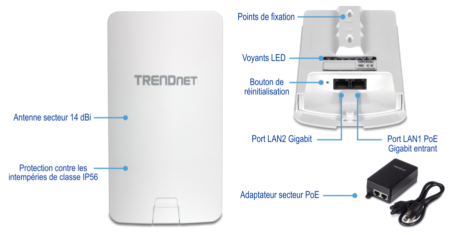 Un appareil TRENDnet doté d’une antenne directionnelle de 14 dBi et d’un indice de protection contre les intempéries IP56. La vue avant met en évidence l’antenne et la résistance aux intempéries, tandis que la vue arrière montre le point de montage, les indicateurs LED, le bouton de réinitialisation, le port Gigabit LAN2 et le port Gigabit PoE-in LAN1. De plus, un adaptateur d’alimentation PoE s’affiche.