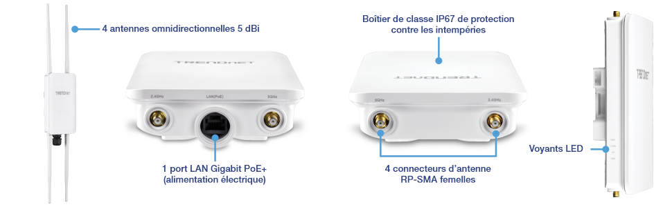Le visuel montre un appareil TRENDnet avec plusieurs vues et des composants étiquetés. L’appareil dispose de quatre antennes omnidirectionnelles de 5 dBi, d’un boîtier extérieur résistant aux intempéries IP67, d’un port LAN PoE+ Gigabit pour l’entrée d’alimentation, de quatre connecteurs d’antenne femelle RP-SMA et d’indicateurs LED. L’appareil est conçu pour une utilisation en extérieur, offrant une connectivité robuste et une durabilité dans diverses conditions météorologiques.