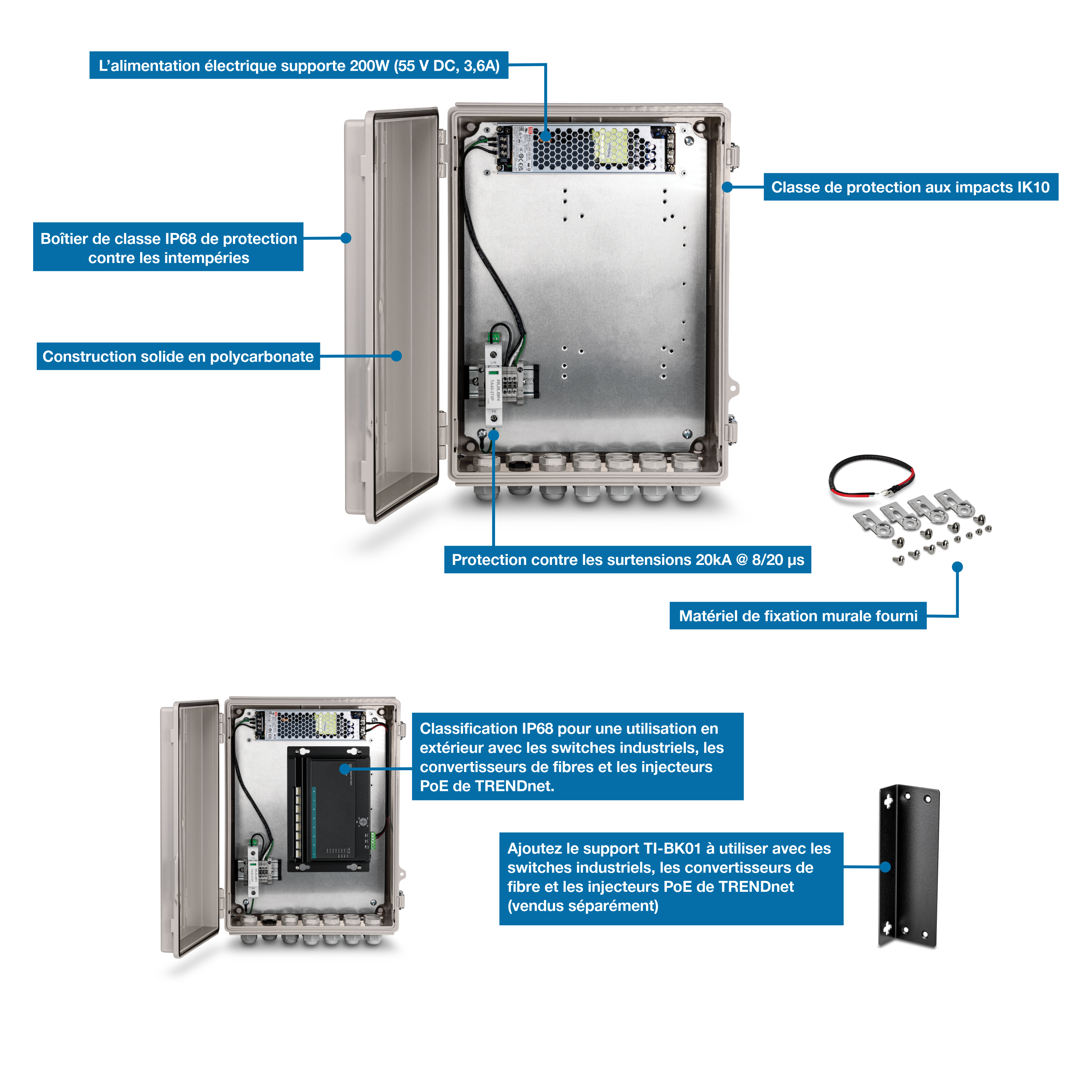 L’illustration montre la vue de face d’un boîtier TI-CA3K ouvert. Il comprend des étiquettes pour la prise en charge d’une alimentation jusqu’à 200 W (55 V CC, 3,6 A), une protection contre les chocs IK10, un boîtier résistant aux intempéries IP68, une construction en polycarbonate robuste et une protection contre les surtensions de 20 kA @ 8/20. Le matériel de montage mural est inclus. Ci-dessous, il y a une vue dégagée avec un périphérique réseau à l’intérieur étiqueté IP68 pour une utilisation en extérieur avec des commutateurs industriels TRENDnet, des convertisseurs de fibre et des injecteurs PoE. Une vue du support TI-BK01 indique qu’il peut s’adapter sans problème à d’autres appareils industriels compacts TRENDnet (support vendu séparément).
