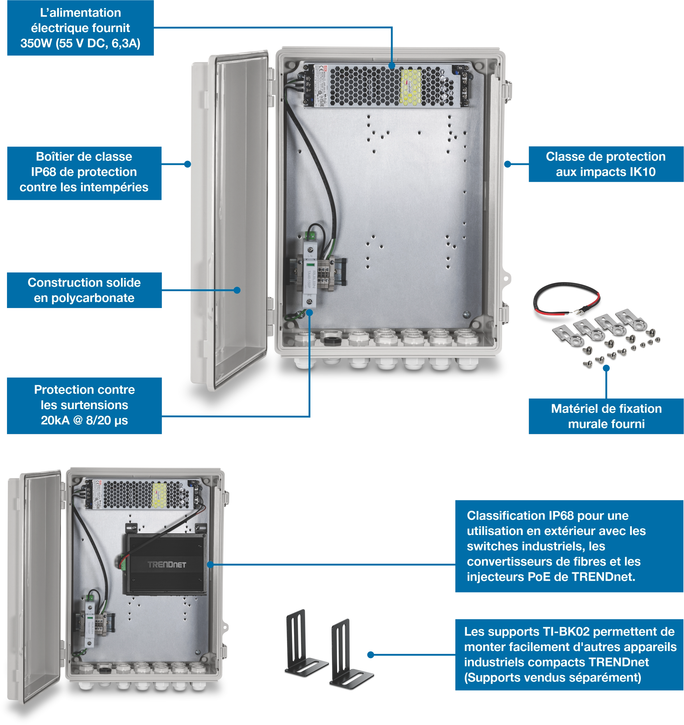Deux boîtiers industriels extérieurs sont présentés avec des caractéristiques mises en évidence, notamment une prise en charge de 350 W, un indice de résistance aux intempéries IP68, une construction en polycarbonate robuste, une protection contre les surtensions de 20 kA, une résistance aux chocs IK10 et du matériel de montage mural. Les supports pour le montage d’appareils TRENDnet compacts sont également indiqués.