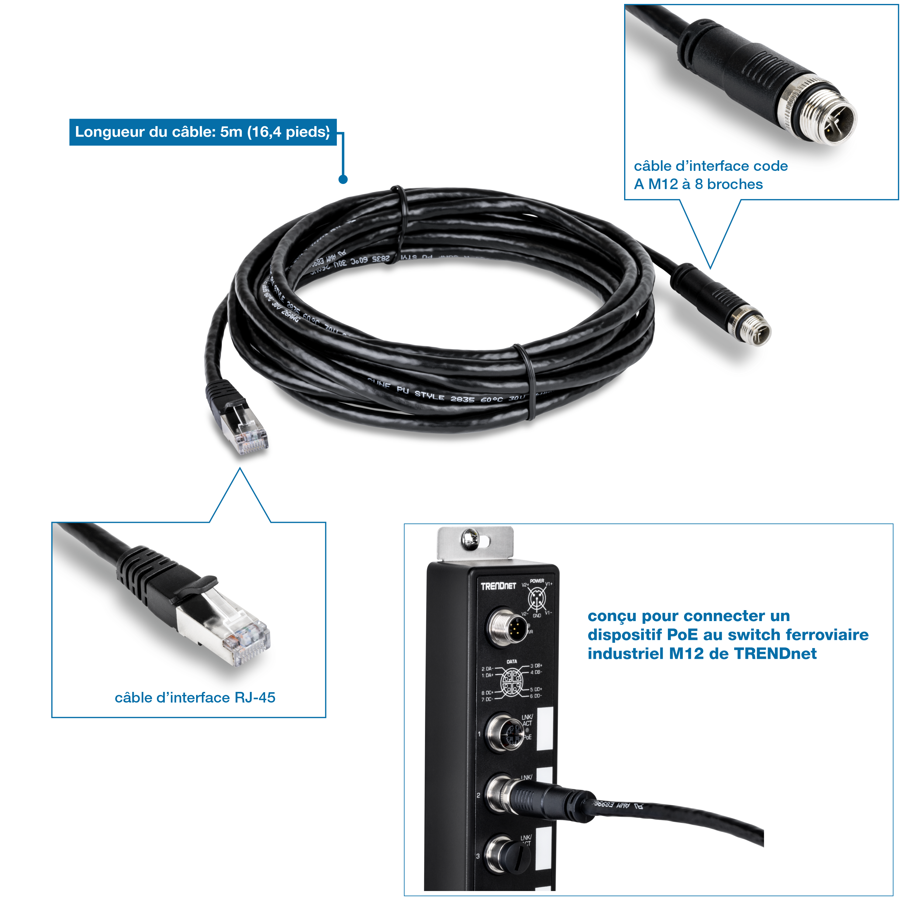 Un câble Ethernet industriel M12 vers RJ-45 enroulé étiqueté avec une longueur de câble de 5 m (16,4 pieds). Il comprend une vue agrandie de l’interface du câble M12 à 8 broches en code A à une extrémité et de l’interface du câble RJ-45 à l’autre extrémité. L’image montre également une vue d’un commutateur ferroviaire M12, mettant en évidence le fait que le câble est conçu pour connecter un appareil PoE à l’interrupteur ferroviaire industriel M12 de TRENDnet.