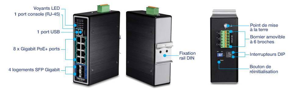 Plusieurs vues d’un commutateur industriel sur rail DIN PoE+ géré Gigabit L2+ à 12 ports. La vue avant-inclinée affiche des indicateurs LED, un port de console (RJ-45), un port USB, des ports Gigabit PoE+ et des emplacements Gigabit SFP. La vue arrière inclinée montre le support sur rail DIN. La vue de dessus montre le point de mise à la terre, le bornier, les commutateurs DIP et le bouton de réinitialisation.