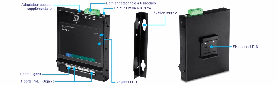 Vue de face d’un commutateur industriel TRENDnet montrant les composants étiquetés : adaptateur d’alimentation en option, bornier amovible à 6 broches, point de mise à la terre, indicateurs LED, un port Gigabit et quatre ports Gigabit PoE+. Une vue latérale affiche le support mural. La vue arrière est dotée d’un support sur rail DIN.