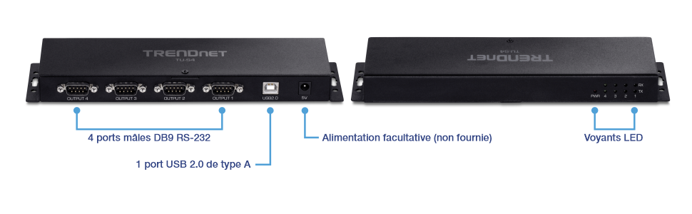 Le diagramme montre un convertisseur USB vers Série TRENDnet TU-S4. Il dispose de quatre ports de sortie série (OUTPUT 1, 2, 3, 4), d'un port USB 2.0 et d'une entrée d'alimentation 5V. Les illustrations ci-dessous montrent ses applications pratiques, avec des connexions à un système POS, une imprimante et un PC, tous alimentés via le port USB 2.0 et l'adaptateur 5V.