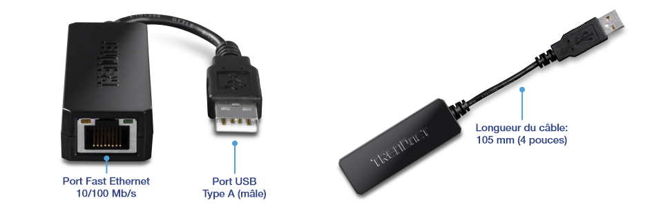 L'image montre un adaptateur USB 2.0 vers Ethernet rapide, modèle TU2-ET100. Il dispose d'un port Ethernet rapide 10/100 Mbps à une extrémité et d'un connecteur USB Type A à l'autre. Il est utilisé pour connecter un ordinateur ou un autre appareil avec un port USB à un réseau Ethernet câblé, offrant un accès Internet fiable.