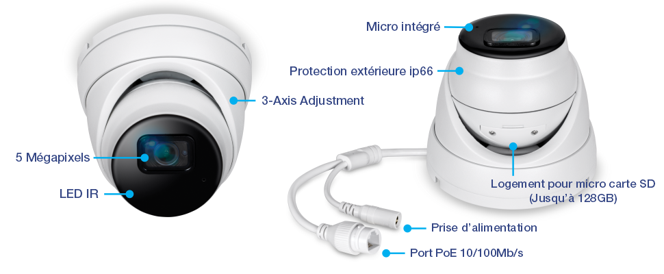 TV-IP1515PI Caméra réseau à tourelle fixe 5 mégapixels avec LED IR pour vision nocturne, microphone intégré, réglage à 3 axes, indice de protection IP66, emplacement pour carte Micro SD (jusqu'à 256 Go), prise d'alimentation et port PoE 10/100Mbps.