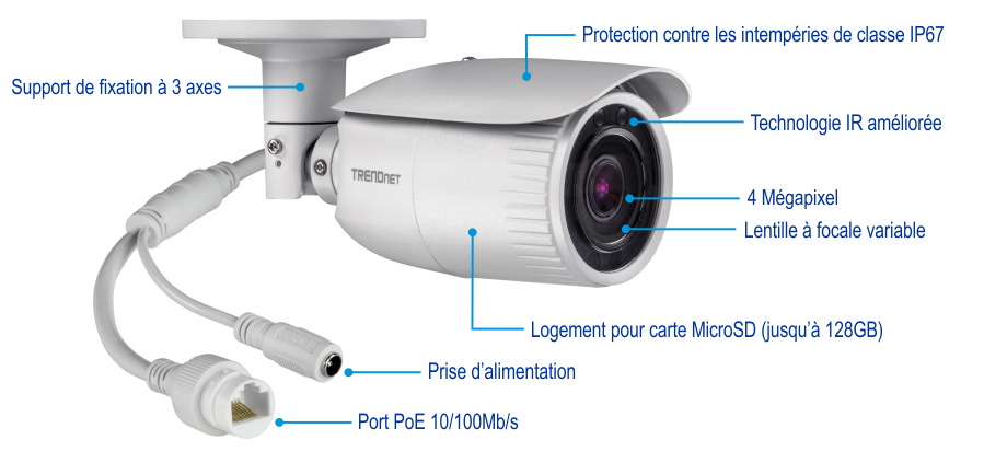 Une caméra de sécurité avec diverses caractéristiques étiquetées, notamment une base de montage à 3 axes, un indice de protection contre les intempéries IP67 pour l’extérieur, une technologie IR améliorée, un objectif varifocal de 4 mégapixels, un emplacement pour carte Micro SD prenant en charge jusqu’à 128 Go, une prise d’alimentation et un port PoE 10/100 Mbps. L’appareil photo est de marque TRENDnet.