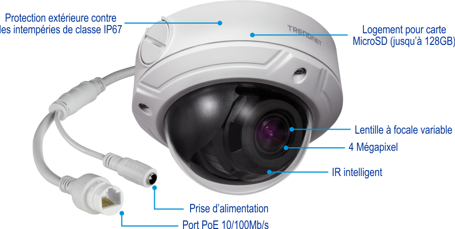 Une caméra de sécurité en forme de dôme blanc avec un indice de protection contre les intempéries IP67 pour l’extérieur, un emplacement pour carte micro SD prenant en charge jusqu’à 128 Go, un objectif à focale variable, une résolution de 4 mégapixels, la technologie Smart IR, une prise d’alimentation et un port PoE 10/100 Mbps.