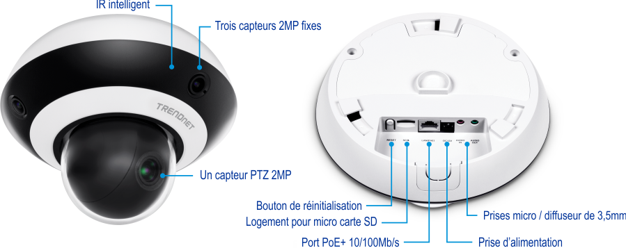 Une caméra de surveillance TRENDnet est illustrée avec divers composants étiquetés, notamment Smart IR, trois capteurs fixes de 2 MP, un capteur PTZ de 2 MP, un bouton de réinitialisation, un emplacement pour carte micro SD, un port PoE+ 10/100 Mbps, une prise d’alimentation et des prises de microphone et de haut-parleur de 3,5 mm.
