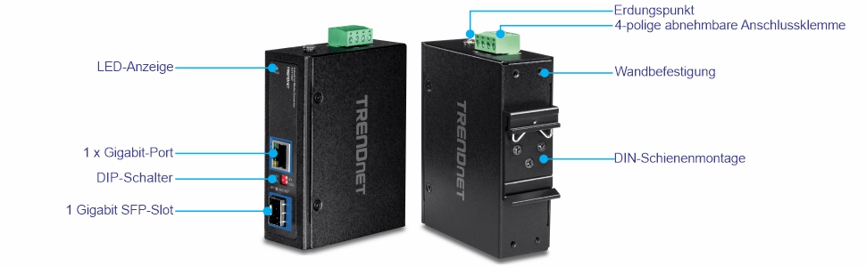 Blick auf den Frontwinkel des TI-F11SFP 100/1000Base-T auf SFP Media Converter mit beschrifteten LED-Anzeigen, 1 Gigabit-Port, DIP-Switch und Gigabit SFP-Steckplatz. Auf der rechten Seite befindet sich eine nach hinten abgewinkelte Ansicht mit Beschriftungen für den Erdungspunkt, den abnehmbaren 4-poligen Klemmenblock, die Wandhalterung und die DIN-Schienenhalterung. Linien zeigen die Konnektivität an.