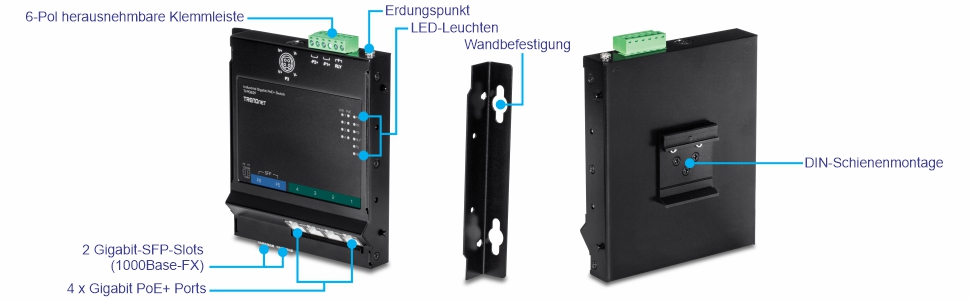 Ein Netzwerkgerät mit einem sechspoligen, abnehmbaren Klemmenblock an der Oberseite, einem Erdungspunkt und LED-Anzeigen auf der Vorderseite. Es verfügt über zwei Gigabit-SFP-Steckplätze (100/1000Base-FX) und vier Gigabit-PoE+-Ports an der Unterseite. Das Gerät kann mit einer Wandhalterung oder einer DIN-Schienenhalterung montiert werden. Die Wandhalterung ist eine separate Halterung, während die DIN-Schienenhalterung an der Rückseite des Gerätes befestigt wird. Das Gerät ist schwarz und rechteckig mit Beschriftungen, die die spezifischen Teile und ihre Funktionen angeben.