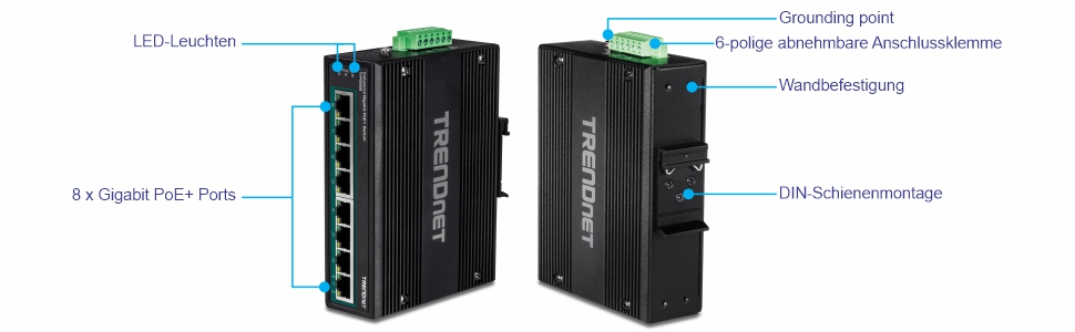 Mehrere Ansichten eines industriellen Gigabit-PoE+-DIN-Schienen-Switches mit 8 Anschlüssen. In der linken Ansicht befinden sich acht vertikal ausgerichtete Gigabit PoE+-Ports mit LED-Anzeigen. In der rechten Ansicht sind mehrere Komponenten zu sehen, darunter ein Erdungspunkt an der Oberseite, ein abnehmbarer 6-poliger Klemmenblock neben dem Erdungspunkt, eine Wandhalterung an der Seite und eine DIN-Schienenhalterung unterhalb der Wandhalterung. Entwickelt für Netzwerkkonnektivität und Flexibilität bei der Montage.
