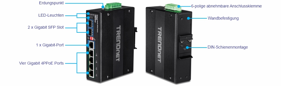 Mehrere Ansichten eines gehärteten industriellen Gigabit-PoE++-DIN-Schienen-Switches mit 6 Ports zeigen verschiedene Ports und Montageoptionen. In der linken Ansicht sind die Komponenten von oben nach unten beschriftet: Erdungspunkt, LED-Anzeigen, zwei Gigabit-SFP-Steckplätze, ein gemeinsam genutzter Gigabit-Port und vier Gigabit-4PPoE-Ports. Die rechte Ansicht verfügt über einen abnehmbaren 6-poligen Klemmenblock an der Oberseite, eine Wandhalterung in der Mitte und eine DIN-Schienenhalterung an der Unterseite, die für Netzwerkkonnektivität und Flexibilität ausgelegt ist.