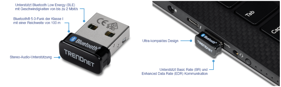 Ein TRENDnet Bluetooth-USB-Adapter, der an einen Laptop angeschlossen ist. Der Adapter unterstützt Bluetooth Low Energy (BLE) mit Geschwindigkeiten von bis zu 2 Mbit/s, Bluetooth 5.0-Radio der Klasse I mit einer Reichweite von 100 Metern (328 Fuß), Stereo-Audio-Unterstützung und ein ultrakompaktes Design. Es unterstützt auch die Kommunikation mit Basic Rate (BR) und Enhanced Data Rate (EDR).