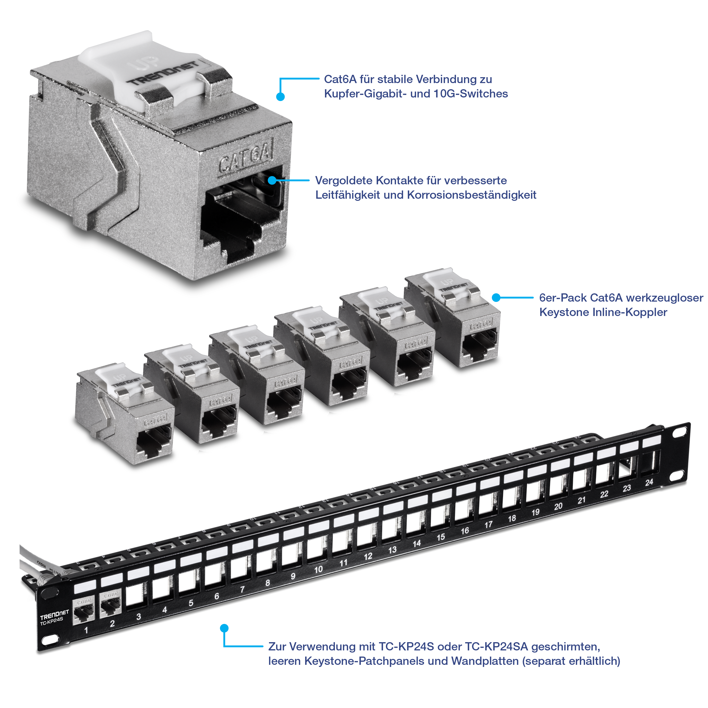 Ein 6er-Pack werkzeugloser Cat6A-Keystone-Inline-Koppler (Modell TC-KC06C6A) und ein Keystone-Patchpanel. Die Koppler sind für stabile Verbindungen zu Kupfer-Gigabit- und 10G-Switches ausgelegt und verfügen über vergoldete Kontakte, um die Leitfähigkeit und Korrosionsbeständigkeit zu verbessern. Das Patchfeld ist kompatibel mit TC-KP24S oder TC-KP24SA abgeschirmten Blanko-Keystone-Patchfeldern und Wandplatten, die separat erhältlich sind.