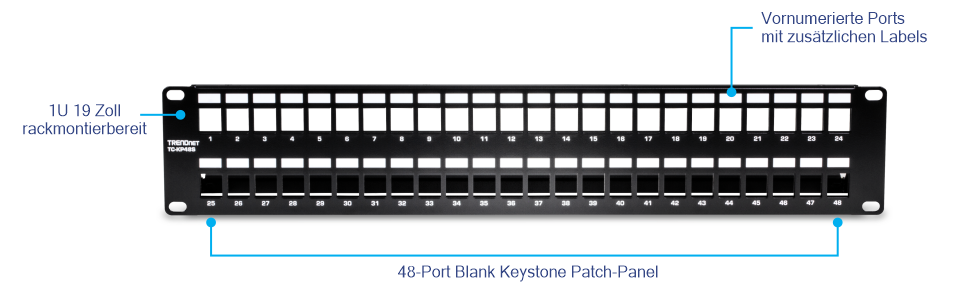 TRENDnet TC-KP48S 48-Port Blank Keystone Abgeschirmtes 2U HD-Patchpanel. Dieses Patchpanel ist für eine 19-Zoll-Rackmontage ausgelegt und hat eine Höhe von 2 HE. Es verfügt über 48 leere Keystone-Ports, die eine Anpassung an verschiedene Arten von Keystone-Buchsen ermöglichen. Das Panel verfügt über vornummerierte Ports und zusätzliche Etiketten zur einfachen Identifizierung und Organisation. Das abgeschirmte Design schützt vor EMI/RFI-Rauschen und eignet sich daher für die Verwaltung und Organisation von Netzwerkkabeln in Rechenzentren oder Netzwerkschränken.