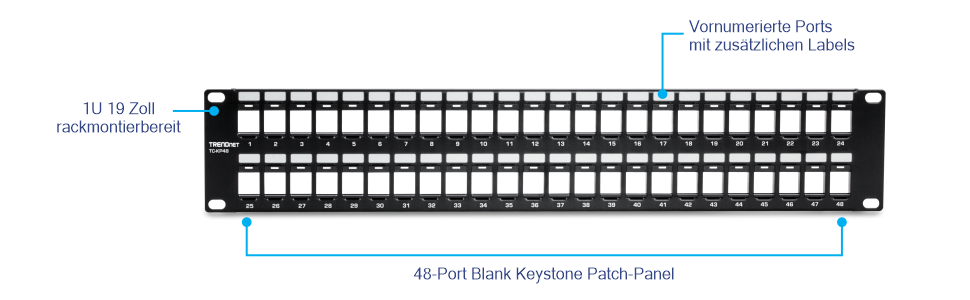TRENDnet TC-KP48 48-Port Blank Keystone 2U HD Patchpanel. Das Panel ist für die Netzwerkverkabelung ausgelegt und hat eine Höhe von 2 HE, wodurch es für eine 19-Zoll-Rackmontage geeignet ist. Es verfügt über 48 leere Keystone-Ports, die verschiedene Arten von Keystone-Buchsen aufnehmen können. Die Ports sind vornummeriert und mit zusätzlichen Etiketten versehen, die eine einfache Identifizierung und Organisation ermöglichen. Dieses Patchpanel ist ideal für Netzwerkadministratoren und IT-Experten, die Netzwerkkabel effizient verwalten und organisieren müssen.