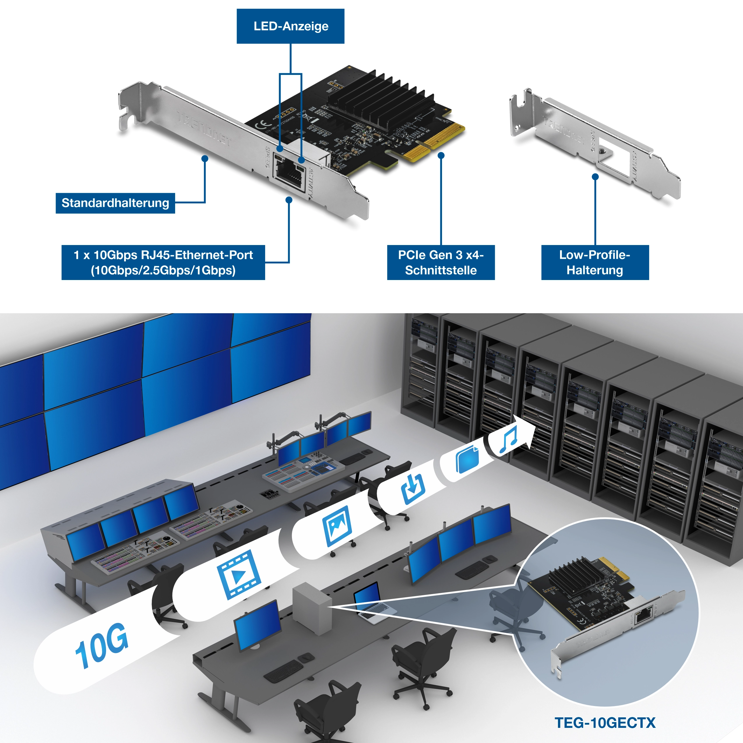 PCIe 10G-Netzwerkadapter mit RJ45-Anschluss, Kühlkörper, LED-Anzeigen, PCIe Gen 3 x4-Schnittstelle sowie mit Standard- und Low-Profile-Halterungen, die in einer Hochgeschwindigkeits-10G-Arbeitsstation und Serverumgebung angezeigt werden.