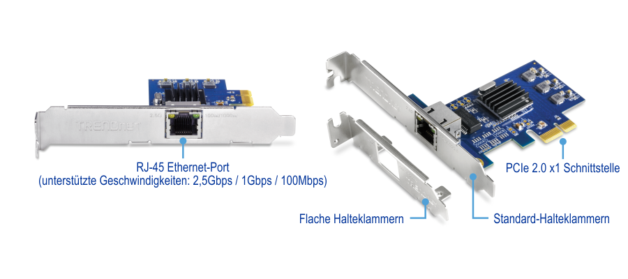 Die Netzwerkkarte (NIC) TRENDnet TEG-25GECTX verfügt über einen RJ-45-Ethernet-Anschluss, der Geschwindigkeiten von 2,5 Gbit/s, 1 Gbit/s und 100 Mbit/s unterstützt. Es enthält auch eine PCIe 2.0 x1-Schnittstelle für den Anschluss an das Motherboard eines Computers. Die Karte wird sowohl mit flachen als auch mit Standardhalterungen geliefert, um sie in verschiedenen Arten von Computergehäusen zu befestigen.
