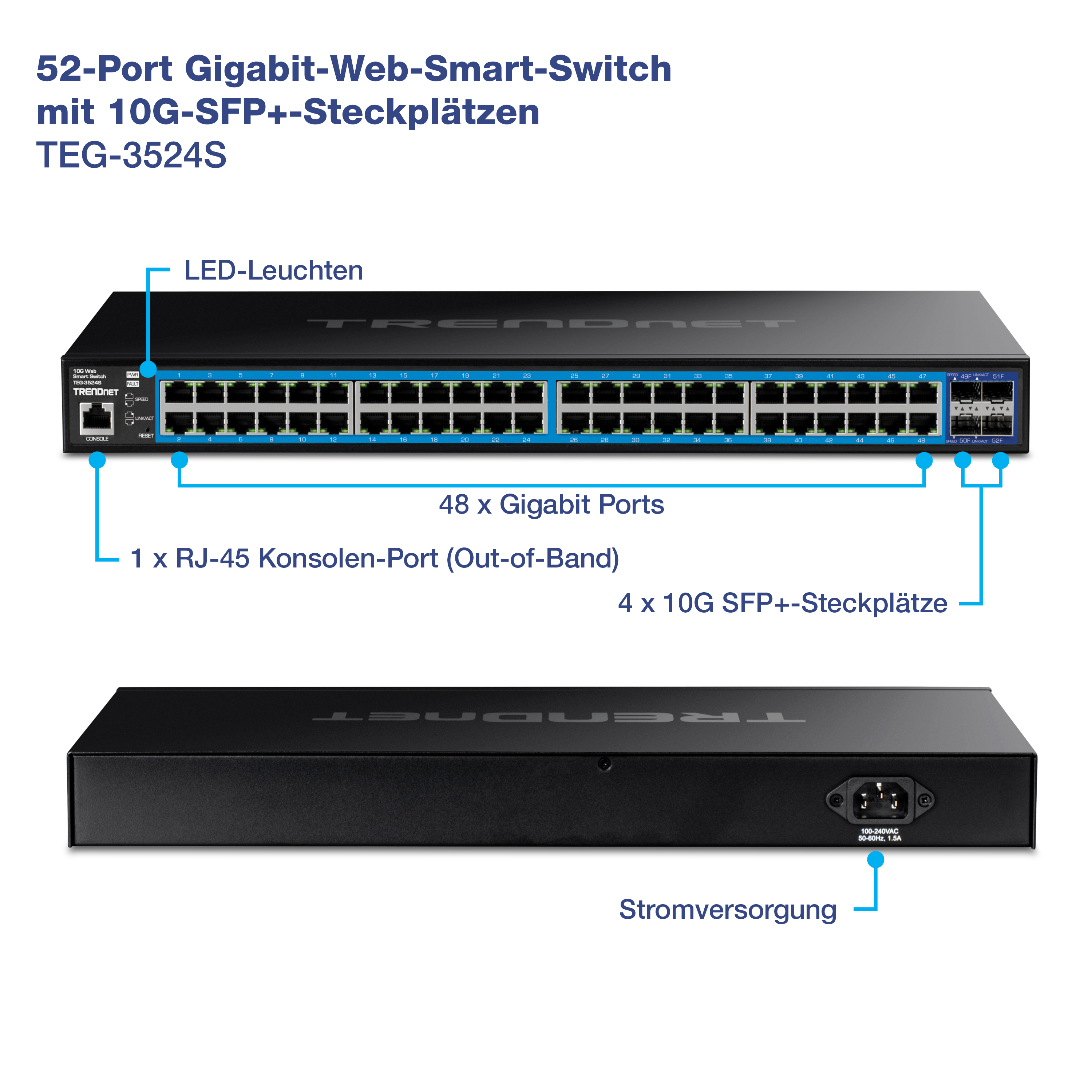 Der TRENDnet TEG-3524S ist ein Gigabit-Web-Smart-Switch mit 24 Ports, 4 x 10G-SFP+-Ports und 1 x RJ-45-Konsolenport (Out-of-Band). Der Switch verfügt über LED-Anzeigen auf der Vorderseite, 24 Gigabit-Ports und den Stromeingang auf der Rückseite.