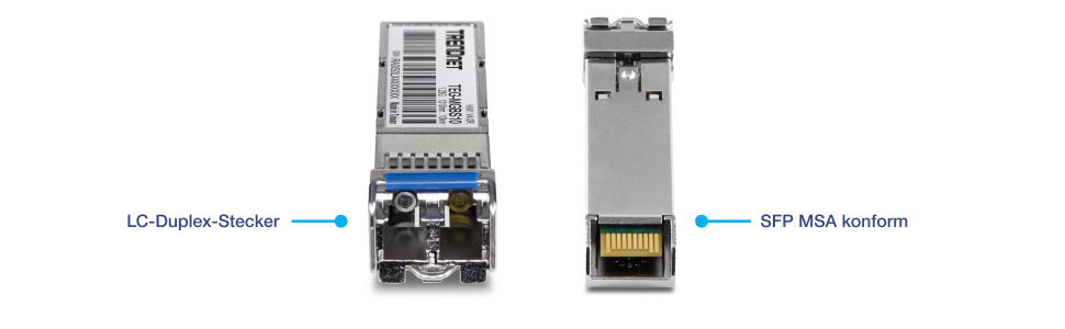 Zwei Ansichten eines SFP-Transceiver-Moduls (Small Form-factor Pluggable) der Marke TRENDnet. Die linke Seite zeigt die Vorderansicht mit einem LC-Duplex-Anschluss, während die rechte Seite die Rückansicht zeigt, die die SFP MSA-Konformität (Multi-Source Agreement) anzeigt.