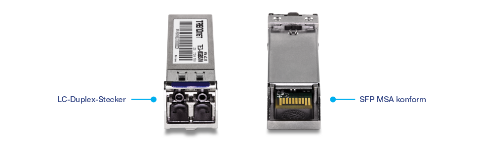 Zwei Ansichten eines SFP-Transceiver-Moduls (Small Form-factor Pluggable) der Marke TRENDnet. Die linke Seite zeigt die Vorderansicht mit einem LC-Duplex-Anschluss, während die rechte Seite die Rückansicht zeigt, die die SFP MSA-Konformität (Multi-Source Agreement) anzeigt.
