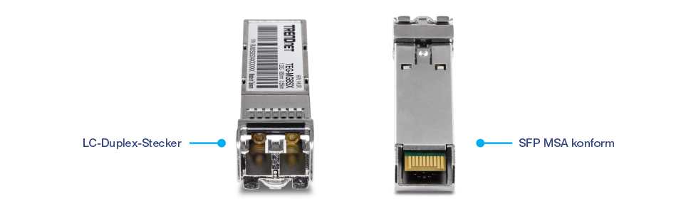 Zwei Ansichten eines TRENDnet TEG-MGBSX SFP-Transceiver-Moduls. In der linken Ansicht ist der LC-Duplex-Steckverbinder für Glasfaserverbindungen zu sehen. Die rechte Ansicht zeigt die Einhaltung der SFP Multi-Source Agreement-Standards an und stellt die Kompatibilität mit verschiedenen Netzwerkgeräten sicher.