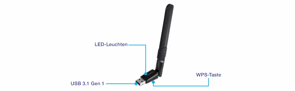 Ein USB-WLAN-Adapter mit externer Antenne mit LED-Anzeige am Gehäuse, einem USB 3.1 Gen1-Anschluss am Ende und einer WPS-Taste an der Seite, um den drahtlosen Signalempfang zu verbessern.