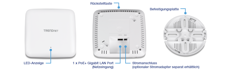 Drei Ansichten eines TRENDnet-Geräts. In der Frontansicht sind LED-Anzeigen zu sehen. Die Rückansicht enthält eine Reset-Taste, einen PoE+-Gigabit-LAN-Anschluss für die Stromversorgung und einen Stromanschluss für ein optionales Netzteil. Die dritte Ansicht zeigt die Montageplatte, die für die Installation verwendet wurde.