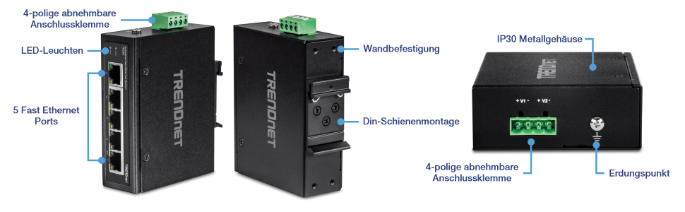 Die Abbildung zeigt eine vertikale, abgewinkelte Ansicht des industriellen Fast-Ethernet-DIN-Schienen-Switches TI-E50 mit 5 Anschlüssen und Beschriftungen für den abnehmbaren 4-poligen Klemmenblock, LED-Anzeigen und fünf Fast-Ethernet-Anschlüssen auf der linken Seite. In der Mitte ist eine nach hinten gewinkelte Ansicht zu sehen, die mit Wandhalterung und DIN-Schienenhalterung beschriftet ist. Auf der rechten Seite ist die Rückansicht mit IP30-Metallgehäuse, 4-poligem abnehmbarem Klemmenblock und Erdungspunkt beschriftet.