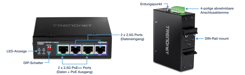 Abbildung des industriellen 2,5-G-PoE++-Injektors mit 25 Watten, des industriellen 2,5G-PoE++-Injektormodells TI-TI-IG290, ist dargestellt. Die Vorderansicht zeigt LED-Anzeigen, einen DIP-Schalter, zwei 2,5G-PoE++-Ports für Daten und PoE-Ausgang sowie zwei 2,5G-Ports für den Dateneingang. In der Seitenansicht sind der Erdungspunkt, eine 4-polige abnehmbare Klemmleiste und eine Hutschienenhalterung zu sehen.