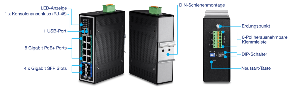 Mehrere Ansichten eines industriellen Gigabit L2+ Managed PoE+ DIN-Rail-Switches mit 12 Ports. In der nach vorne geneigten Ansicht werden LED-Anzeigen, der Konsolenanschluss (RJ-45), der USB-Anschluss, die Gigabit PoE+-Anschlüsse und die Gigabit-SFP-Steckplätze angezeigt. Die rückseitig gewinkelte Ansicht zeigt die Hutschienenhalterung. Die Draufsicht zeigt den Erdungspunkt, die Klemme, die DIP-Schalter und die Reset-Taste.