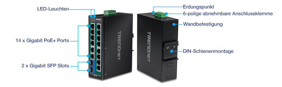 Die Vorderansicht eines industriellen Netzwerk-Switches von TRENDnet hebt mehrere Merkmale hervor: LED-Anzeigen oben, vierzehn Gigabit PoE+-Ports in der Mitte und zwei Gigabit-SFP-Steckplätze unten. Die Rückansicht zeigt weitere Features: einen Erdungspunkt an der Oberseite, darunter eine sechspolige abnehmbare Klemmleiste, in der Mitte Löcher für die Wandhalterung und unten eine DIN-Schienenhalterung. Der Switch ist für industrielle Umgebungen konzipiert und bietet mehrere Montageoptionen und robuste Konnektivität.