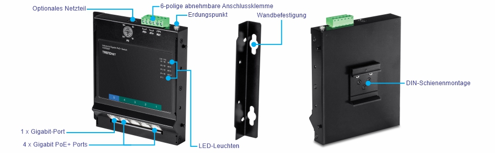 Vorderansicht eines TRENDnet-Industrie-Switches mit beschrifteten Komponenten: optionales Netzteil, abnehmbarer 6-poliger Klemmenblock, Erdungspunkt, LED-Anzeigen, ein Gigabit-Port und vier Gigabit-PoE+-Ports. In einer Seitenansicht ist die Wandhalterung zu sehen. Die Rückansicht ist mit einer DIN-Schienenaufnahme versehen.